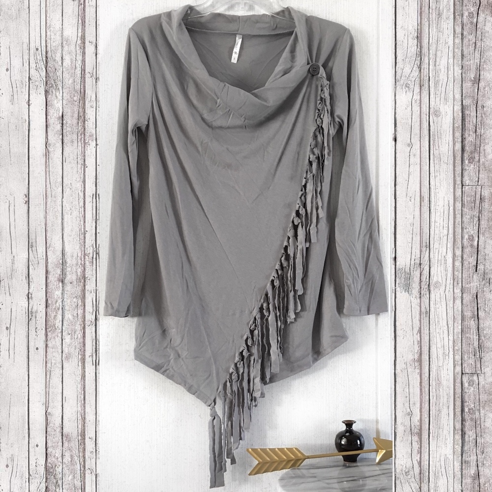 New Gray Asymmetric Fringe Cardigan